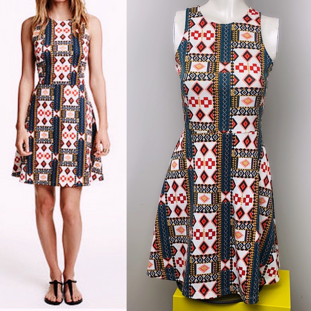 H&M Blue Aztec Sleeveless Fit & Flare Dress Sz S
